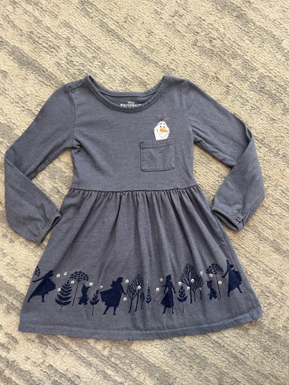 Disney Frozen Navy Gray Long-Sleeve Dress with Olaf Pocket